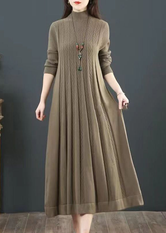 Green Stand Collar Exra Large Hem Knit Holiday Dress Spring