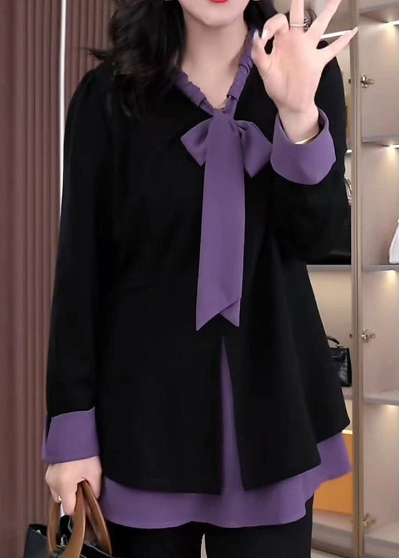 Purple Bow Patchwork Spandex Fake Two Piece Shirt Tops Fall
