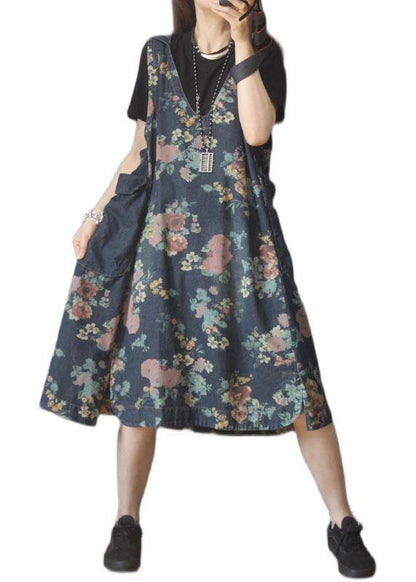 Classy Blue Print Green Cotton Side Open Summer Maxi Dresses