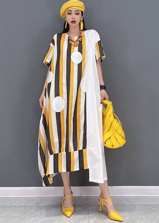 Yellow Asymmetrical Striped Print Patchwork Cotton Maxi Dresses Short Sleeve Summer
