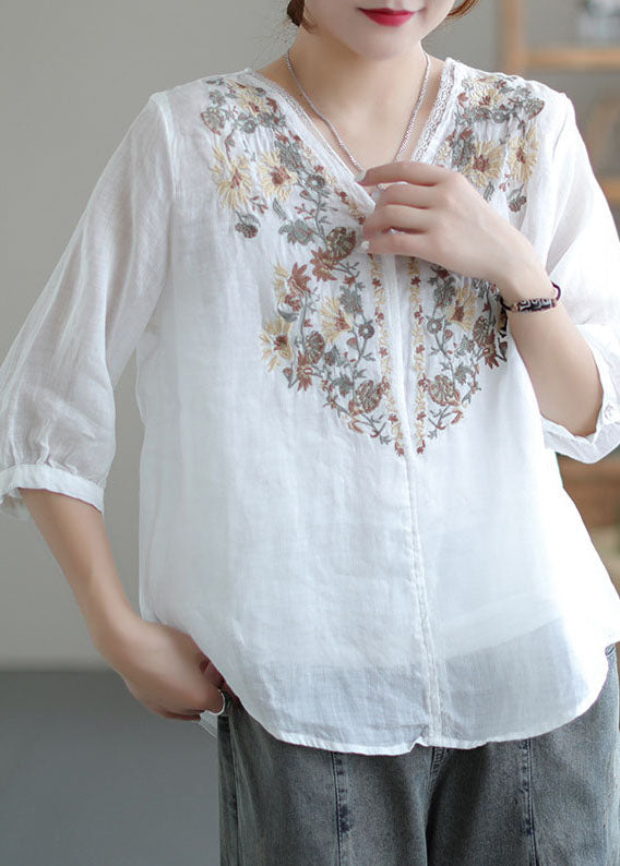 White V Neck Embroideried Linen Blouse Tops Half Sleeve