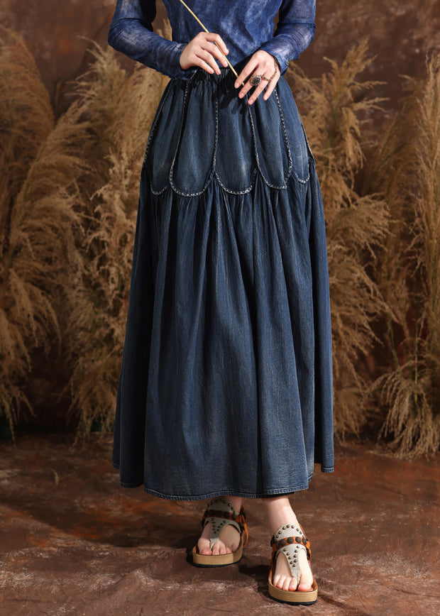 French Navy Patchwork Elastic Waist a Line Denim Skirts Summer