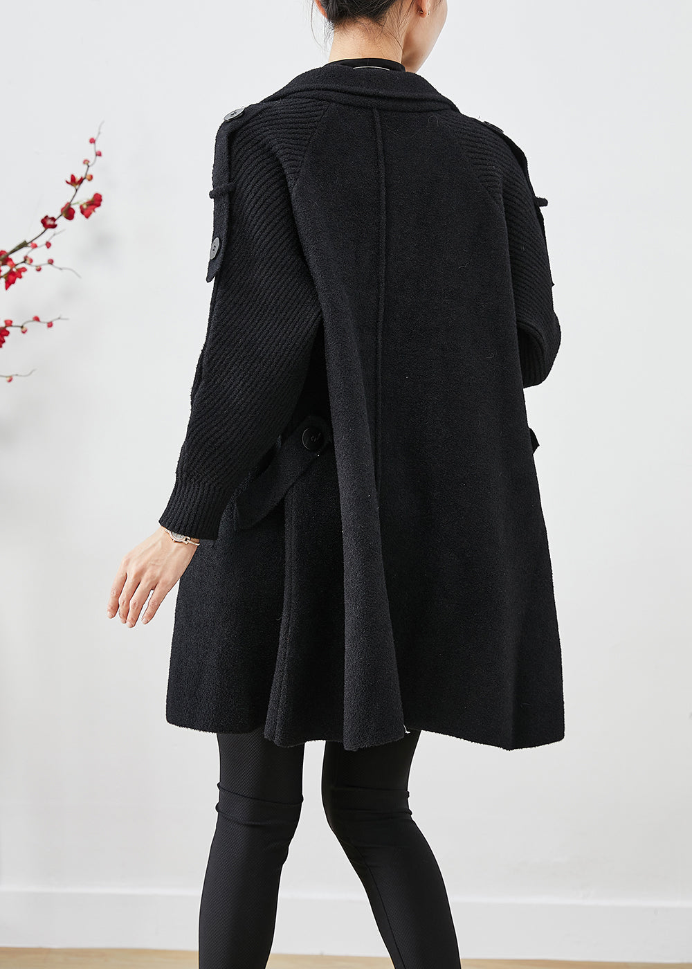 Black Double Breast Patchwork Woolen Trench Coats Fall