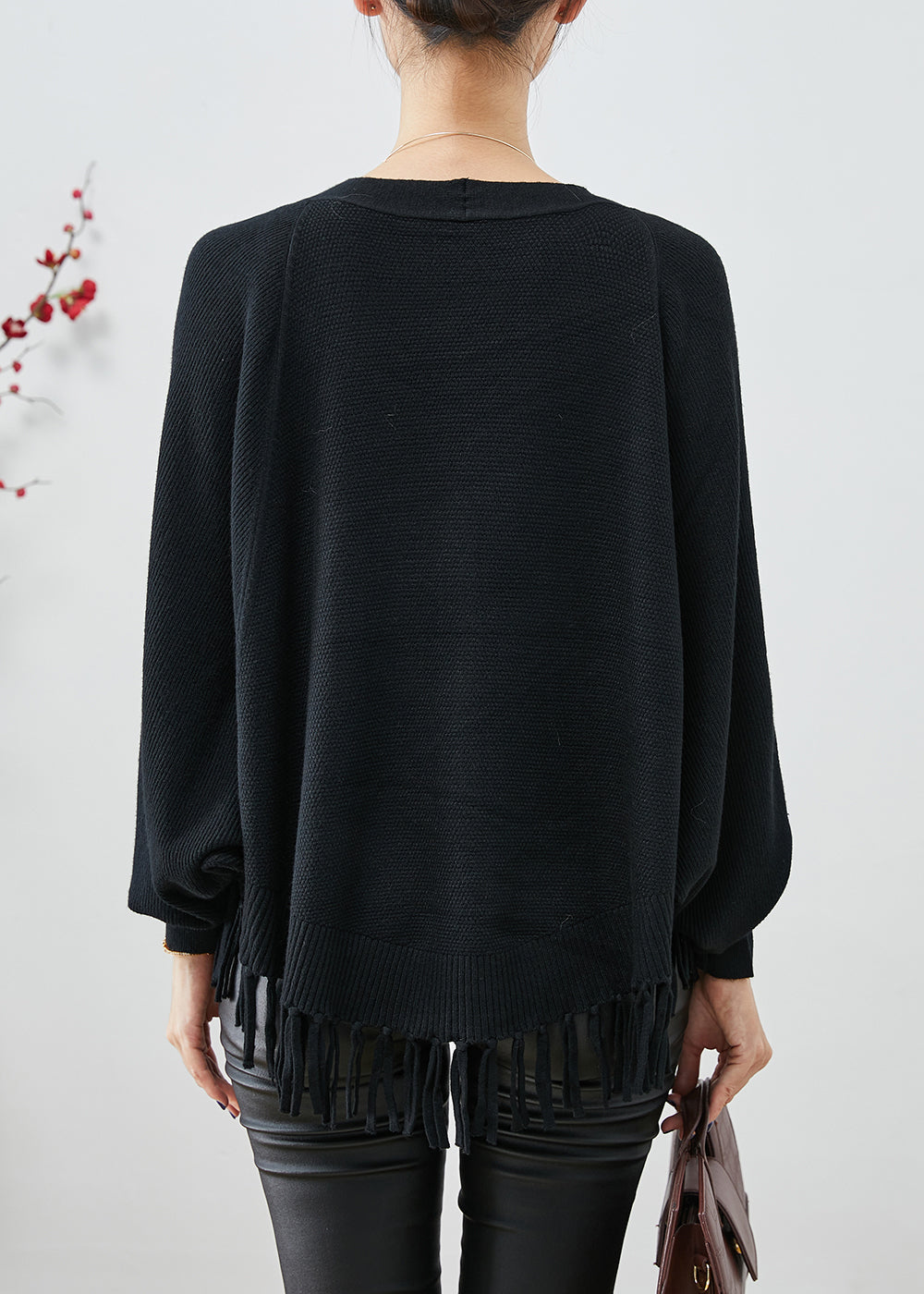 Black Oversized Tasseled Knit Coats Fall