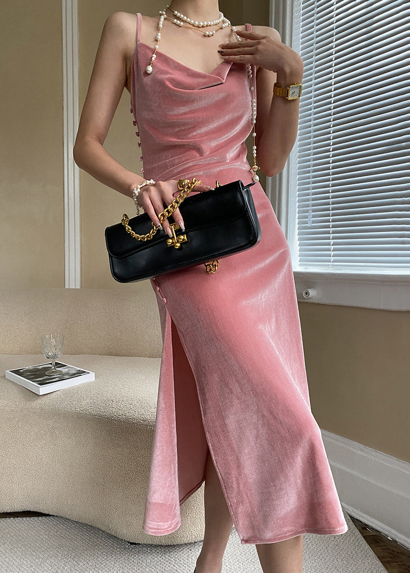 Pink Button Side Open Silk Velour Spaghetti Strap Dress Sleeveless