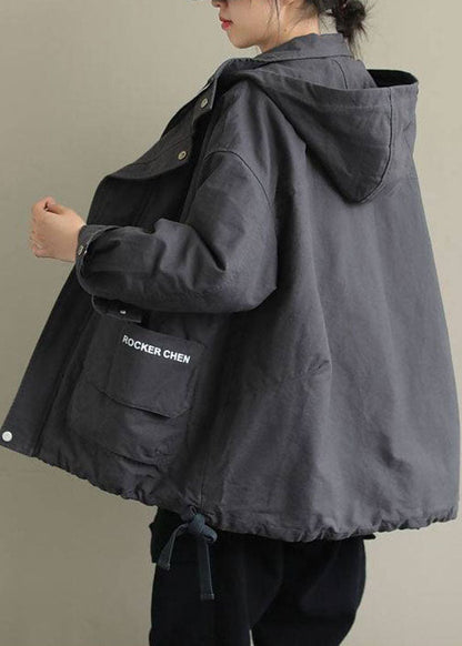 Grey Zippered Loose Drawstring Fall Long Sleeve Coat