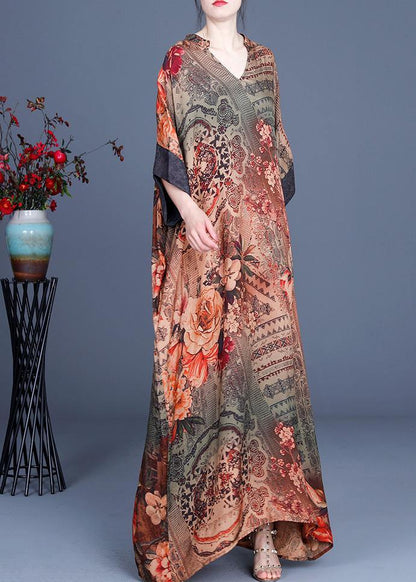 French Chocolate Print V Neck Oversize Summer Silk Long Dress