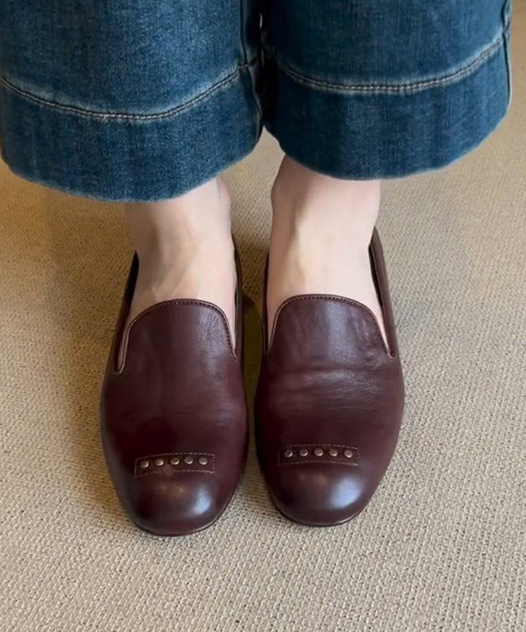 Brown Faux Leather Rivet Splicing Loafers for