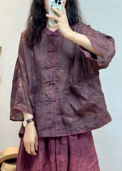 Purple Button Pockets Linen Shirt Spring