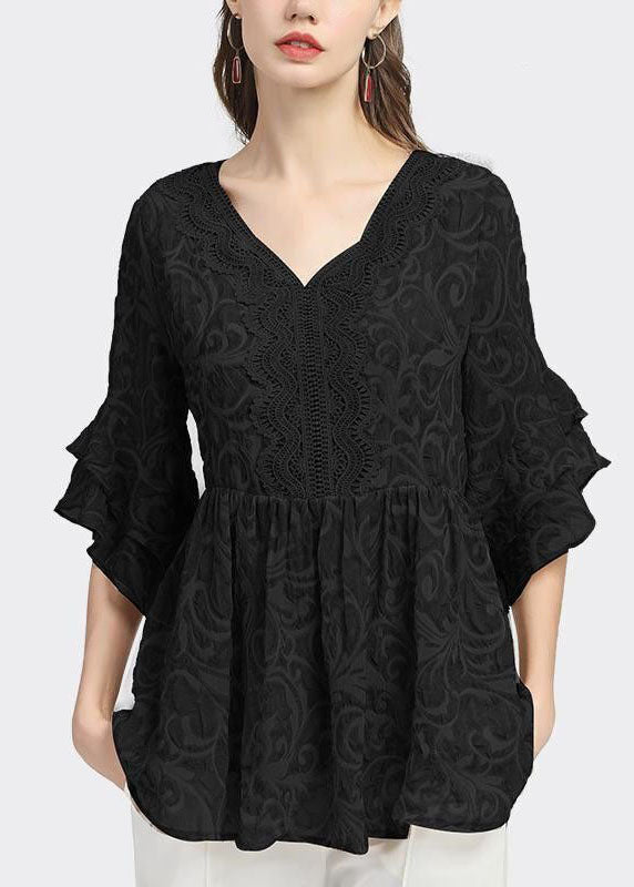 Khaki V Neck Lace Patchwork Wrinkled Tops Petal Sleeve