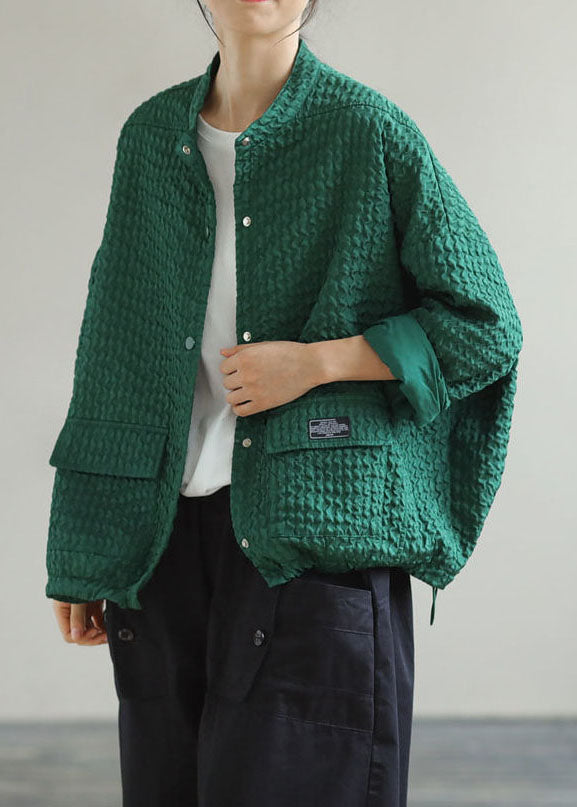 Art Green O-neck Pockets Patchwork Cotton Coats Spring