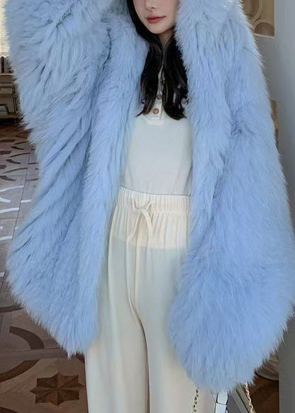 Blue Oversized Hooded Fox Fur Coats Winter