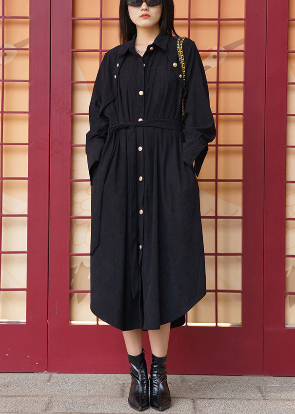 Black Pockets Tie Waist Cotton Shirt Dress Long Sleeve