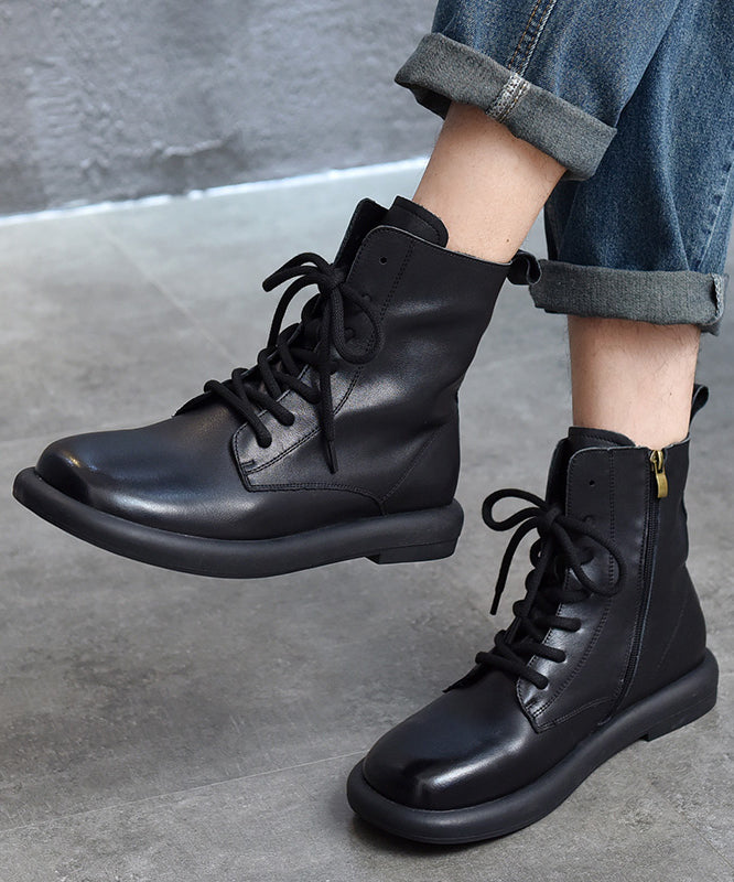 Cowhide Leather Boots Brown Splicing Cross Strap