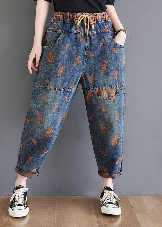Organic Blue Embroideried Pockets Denim Pants Spring