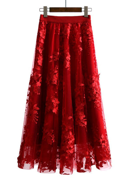 Unique Chocolate Embroideried High Waist Tulle Skirt Summer