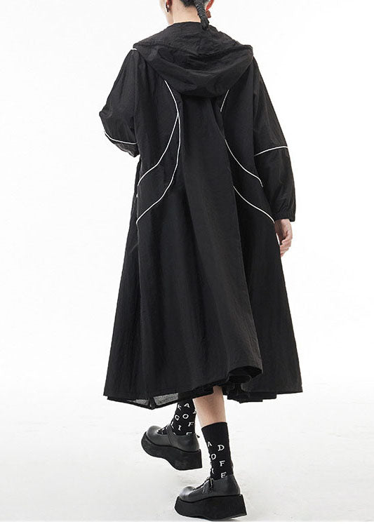 French Black Zippered Drawstring Hooded Trench Coats Spring