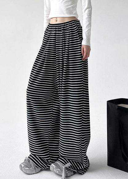 Natural Black White Striped Pockets Elastic Waist Wide Leg Pants Spring