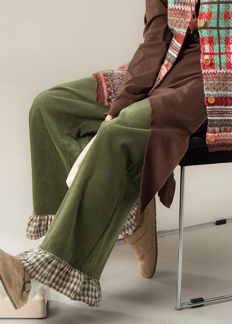 Green Ruffled Patchwork High Waist Wide Leg Pants