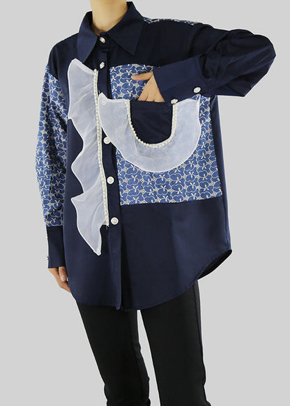 Black Blouses Ruffled Patchwork Button Pockets Spring