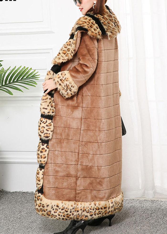 Khaki Fox Collar Patchwork Leopard Faux Fur Coat Winter