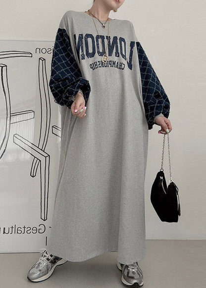 Grey Oversized Patchwork Cotton Sweatshirt Dress Lantern Sleeve