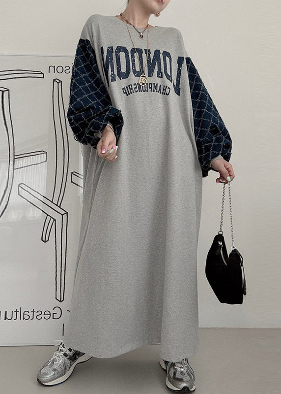 Grey Oversized Patchwork Cotton Sweatshirt Dress Lantern Sleeve