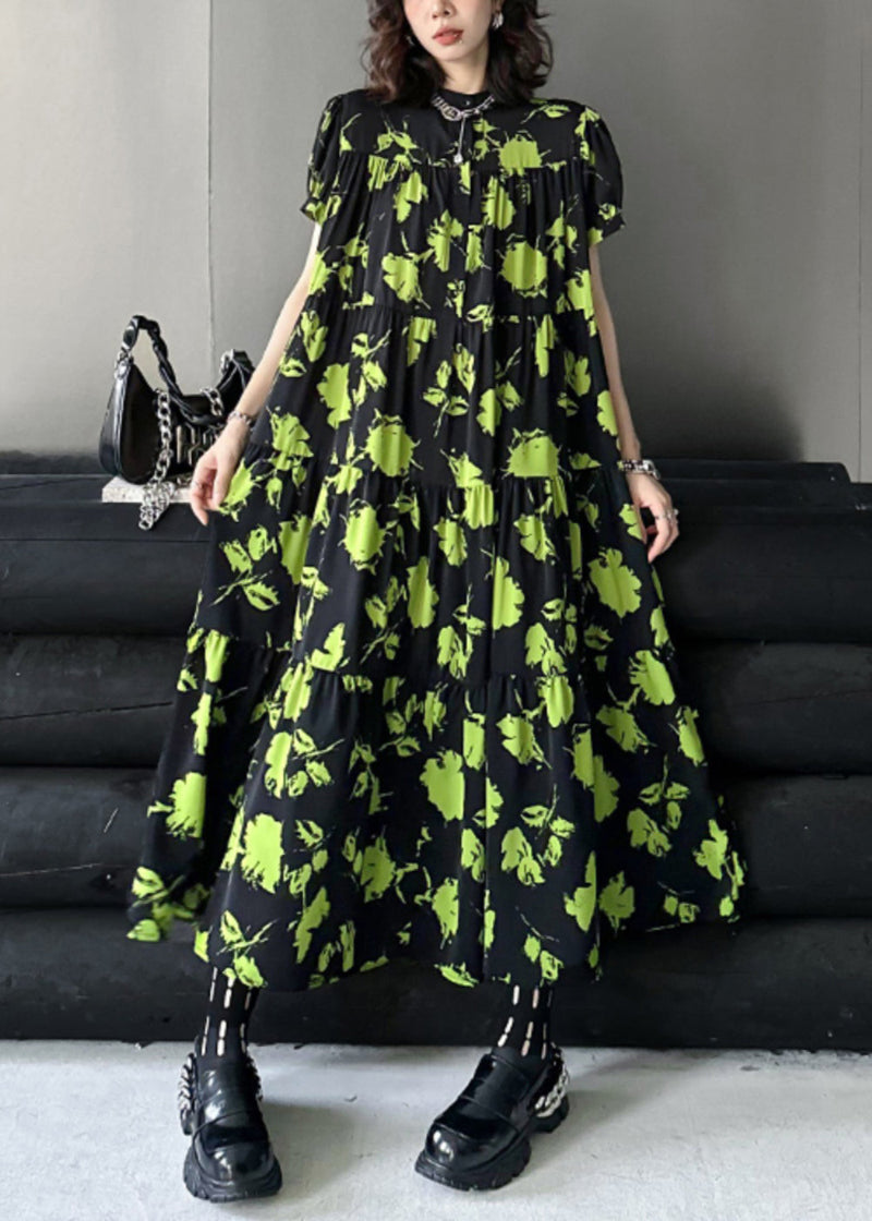 Green Print Wrinkled Patchwork Cotton Long Dresses Summer