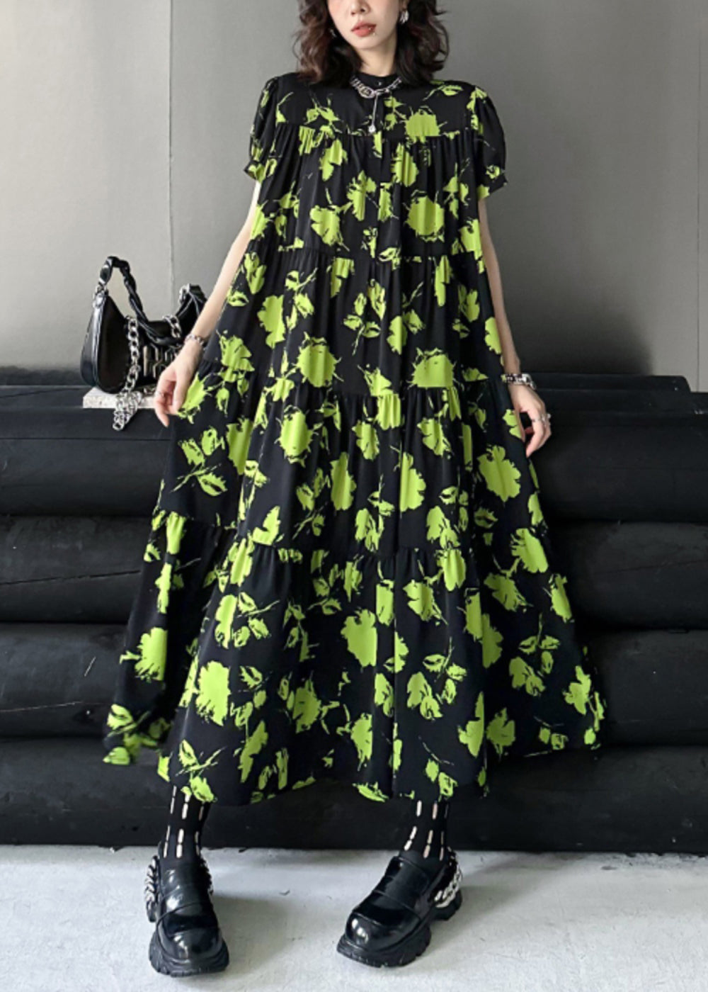 Green Print Wrinkled Patchwork Cotton Long Dresses Summer