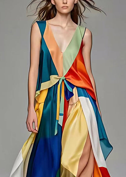V Neck Lace Up Patchwork Silk Long Dresses Sleeveless (ships in 24hrs)