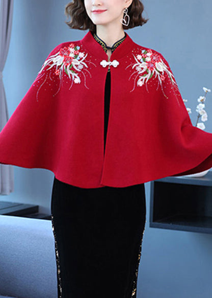 Wine Red Stand Collar Embroideried Patchwork Woolen Coats Fall