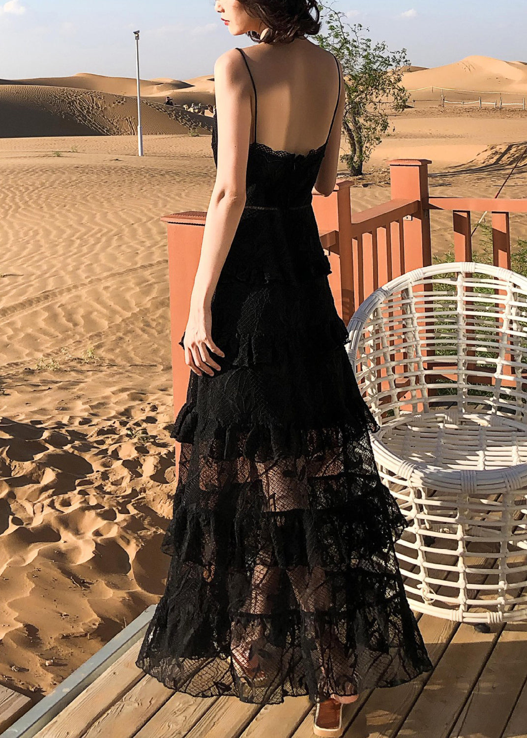Black Backless High Waist Lace Spaghetti Strap Dress Sleeveless