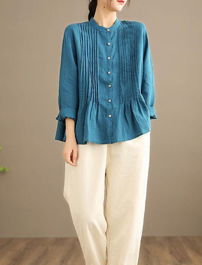 Organic Blue Spring Linen Shirt Tunics Cotton Blouse