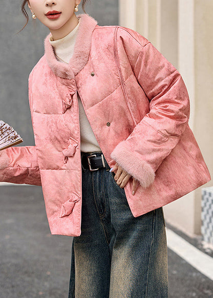 Pink Fur Patchwork Duck Down Puffer Jacket Winter