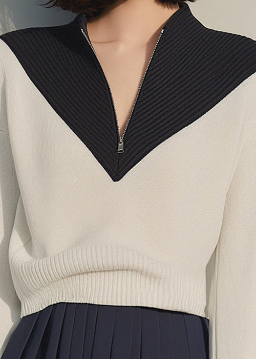 Apricot Zip Up Patchwork Knit Sweaters Winter