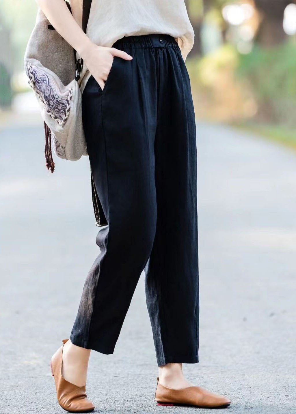 Simple Blue Pockets Elastic Waist Linen Pants Summer