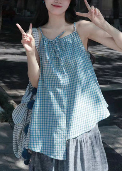 French Plaid Asymmetrical Tops and Grey Skirts Cotton Two Pieces Set Sleeveless
