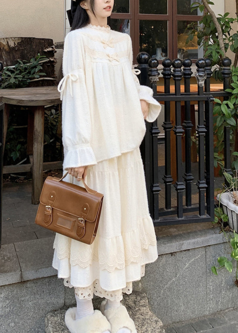 Beige Lace Patchwork Tops and Skirts Cotton Two Pieces Set Spring