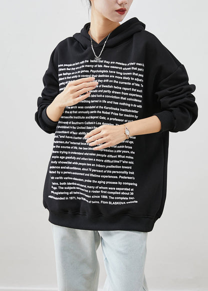 Fine Black Hooded Letter Print Cotton Sweatshirt Fall