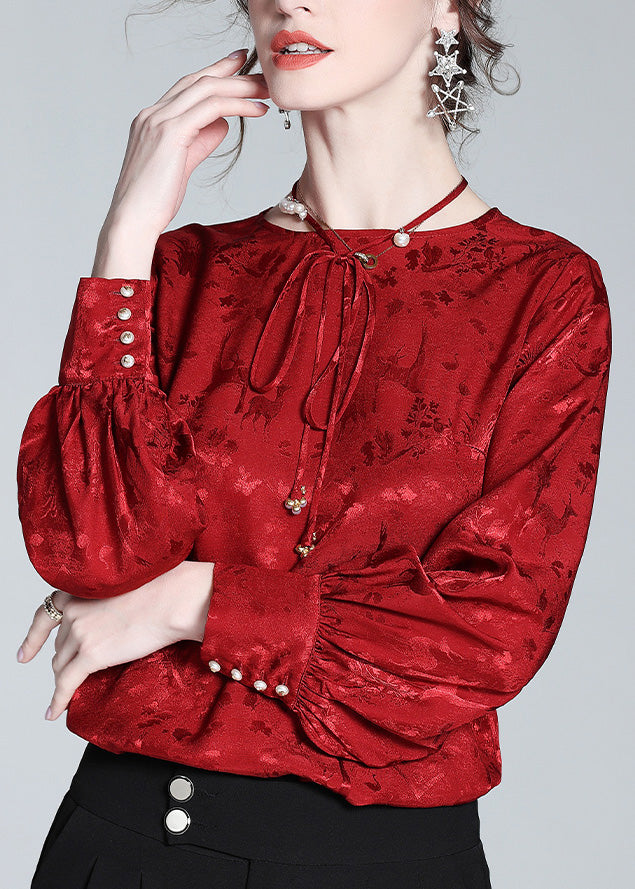 Jacquard Red O-neck Neck Tiie Silk Shirt Spring