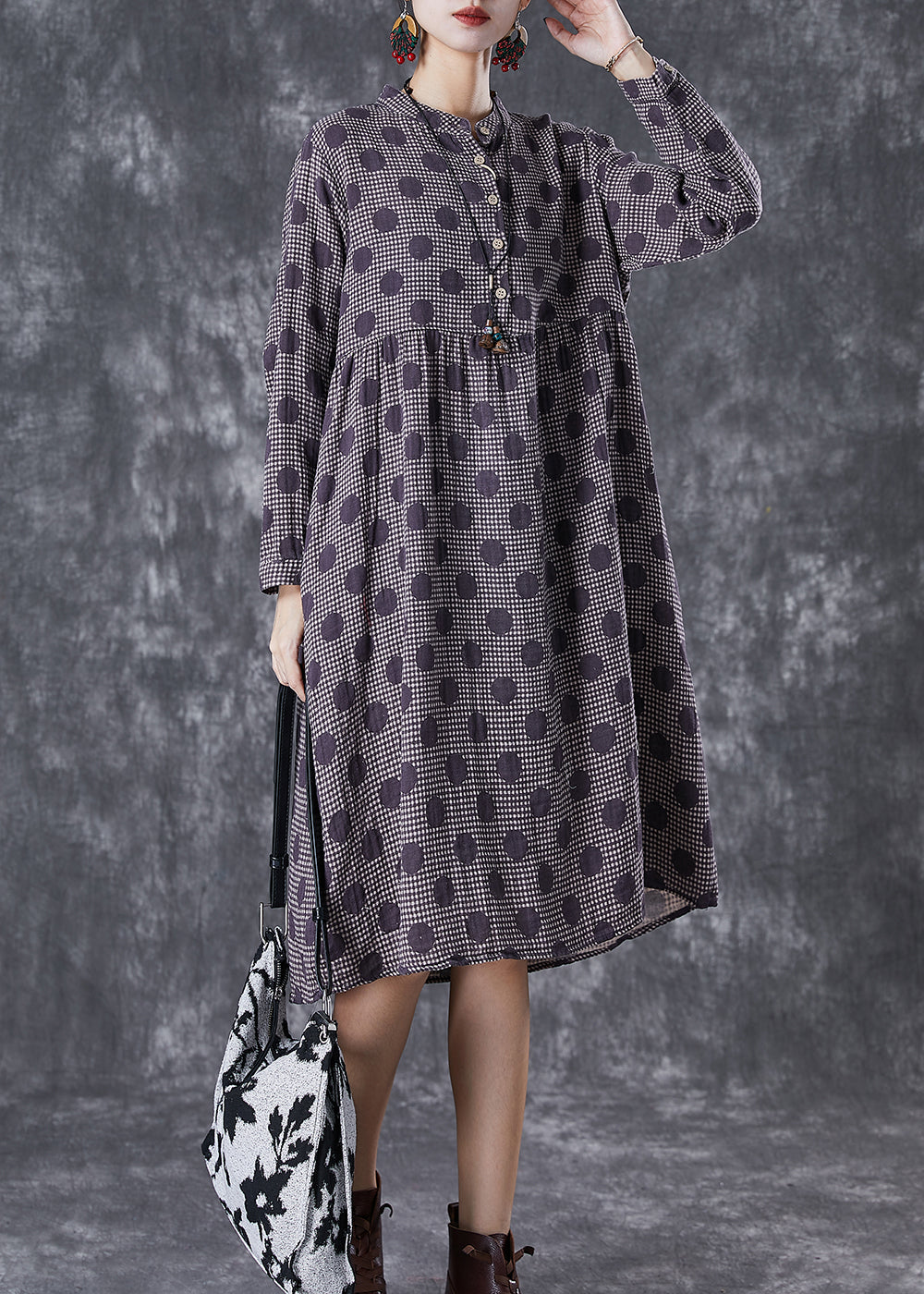 Purple Oversized Print Cotton Vacation Dresses Fall