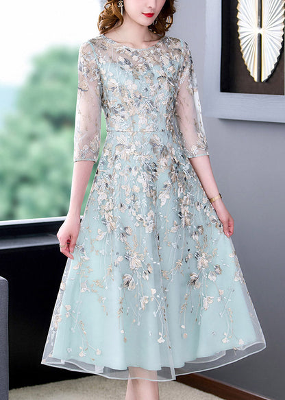 Water Blue O-neck Embroideried Tunic Organza Long Dress Half Sleeve