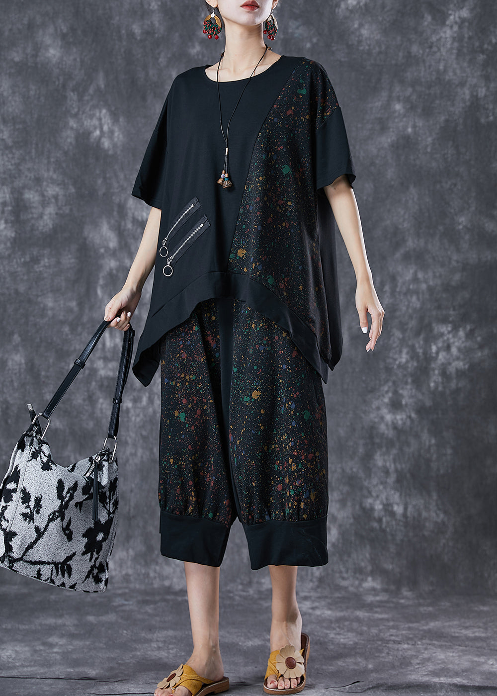 Black Asymmetrical Patchwork Cotton Two Piece Set Outfits Summer