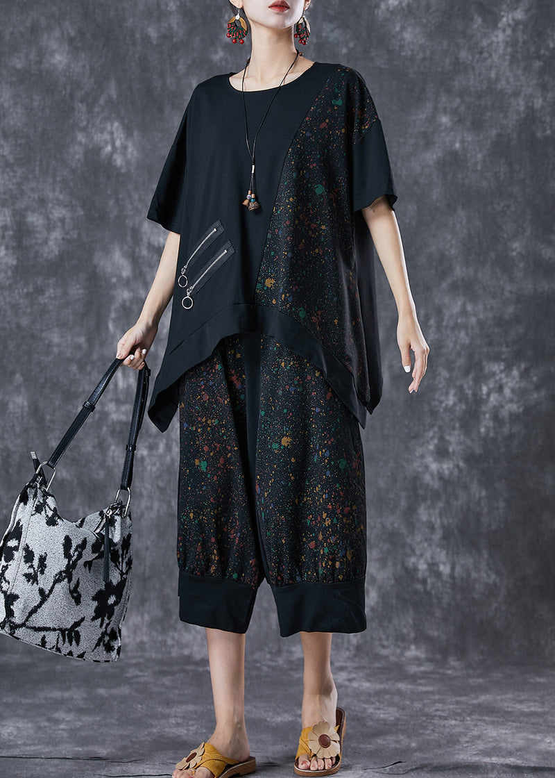 Black Asymmetrical Patchwork Cotton Two Piece Set Outfits Summer