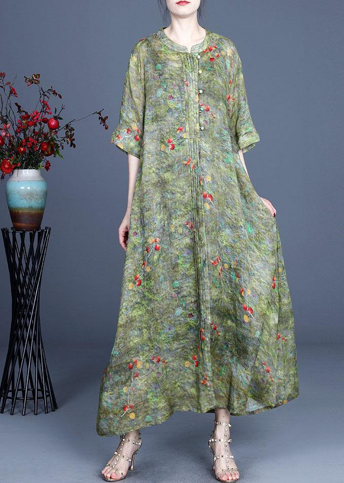 Blue Print O-neck Summer Ramie Long Dress Half Sleeve
