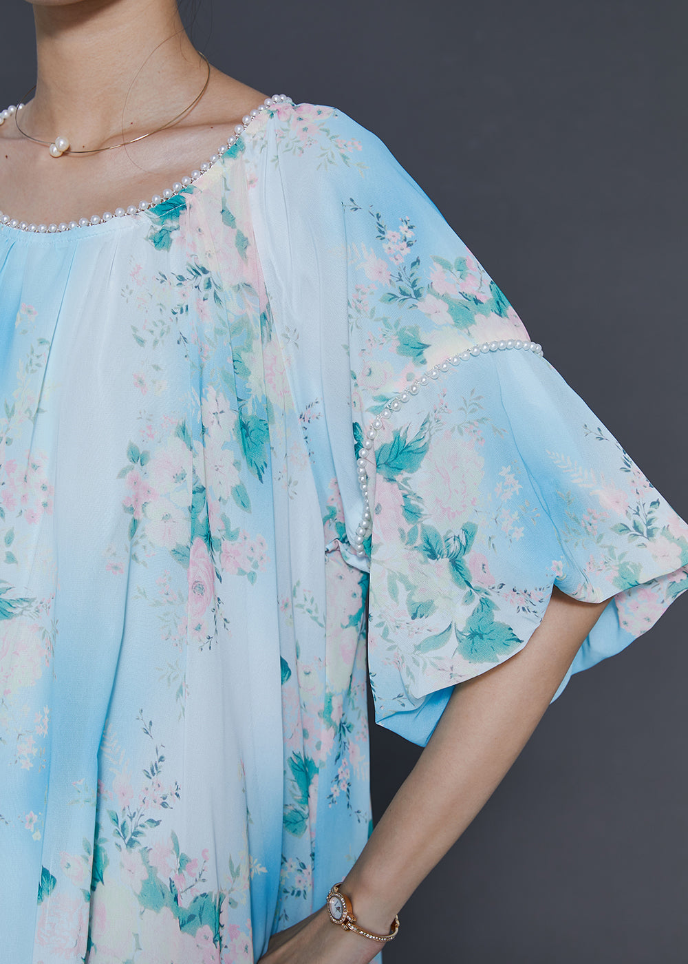 Diy Sky Blue Oversized Print Chiffon Long Dress Summer