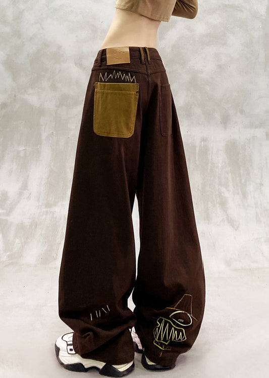 Brown Oversized Patchwork Applique Denim Pants Spring
