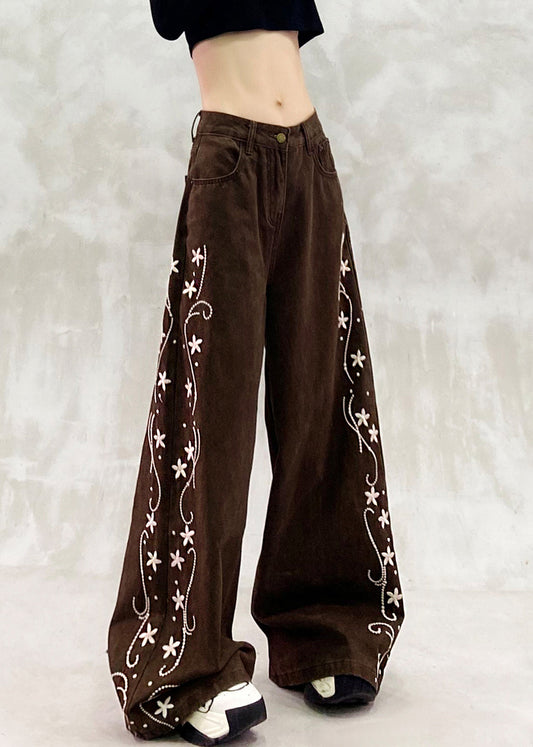 Brown Oversized Print Denim Wide Leg Pants Spring