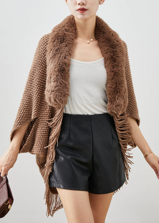 Brown Fur Collar Tasseled Knit Cardigans Fall