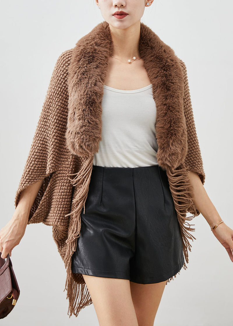 Brown Fur Collar Tasseled Knit Cardigans Fall